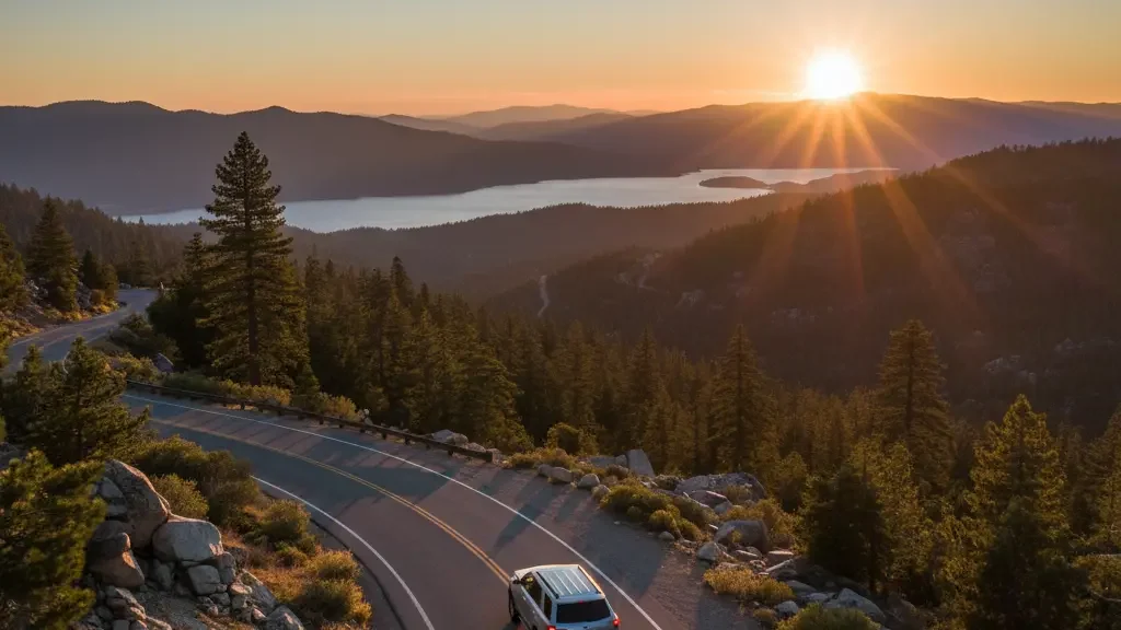 Car rental driving along the Pacific Coast Highway in California with ocean views