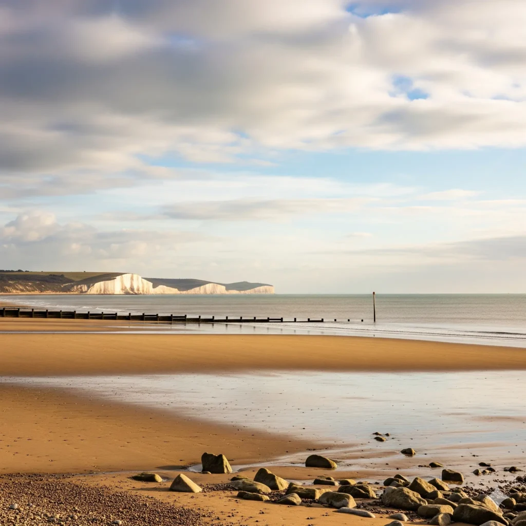 Golden sandy dunes at Camber Sands beach in East Sussex