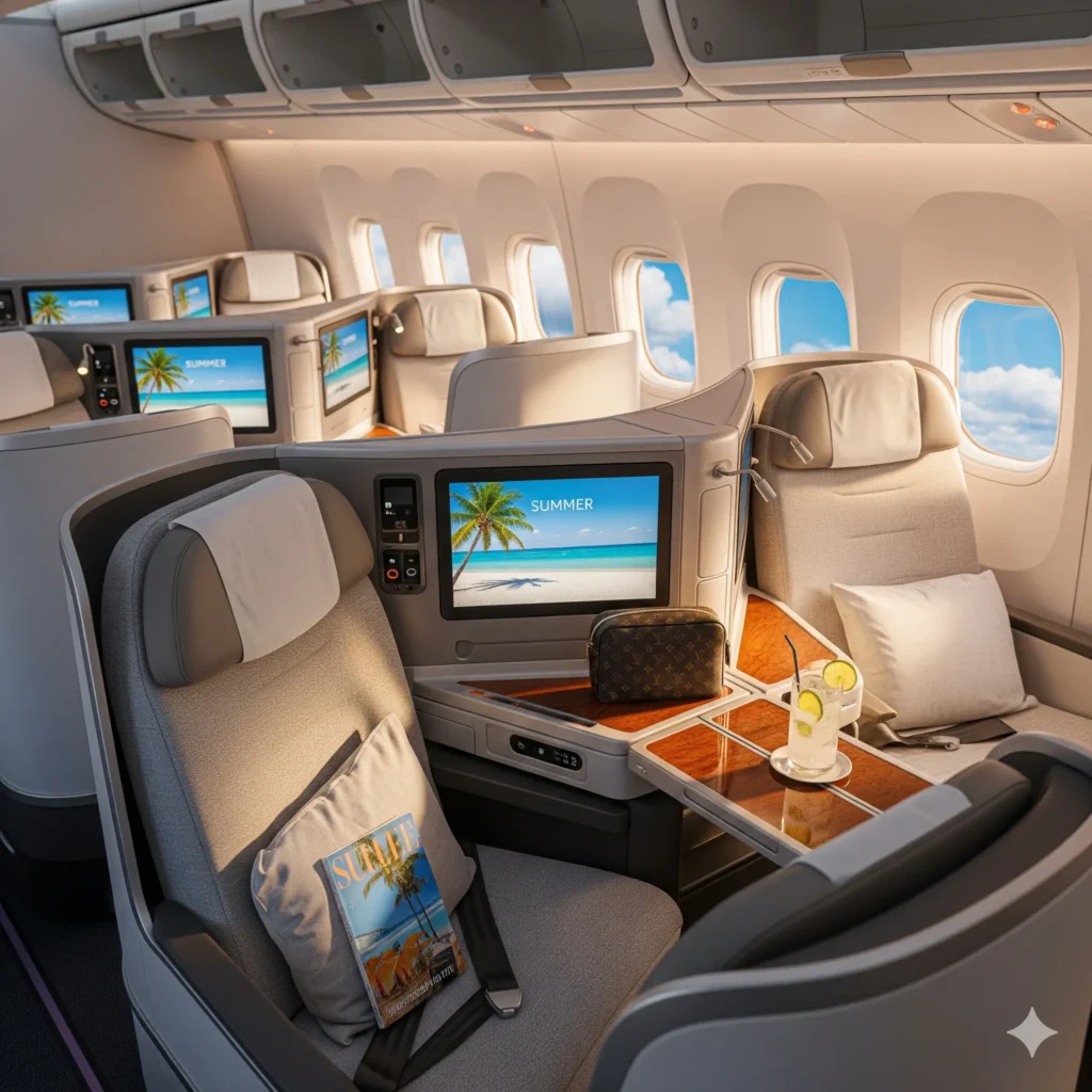 Close-up of gourmet dining served in business class with wine and elegant tableware.