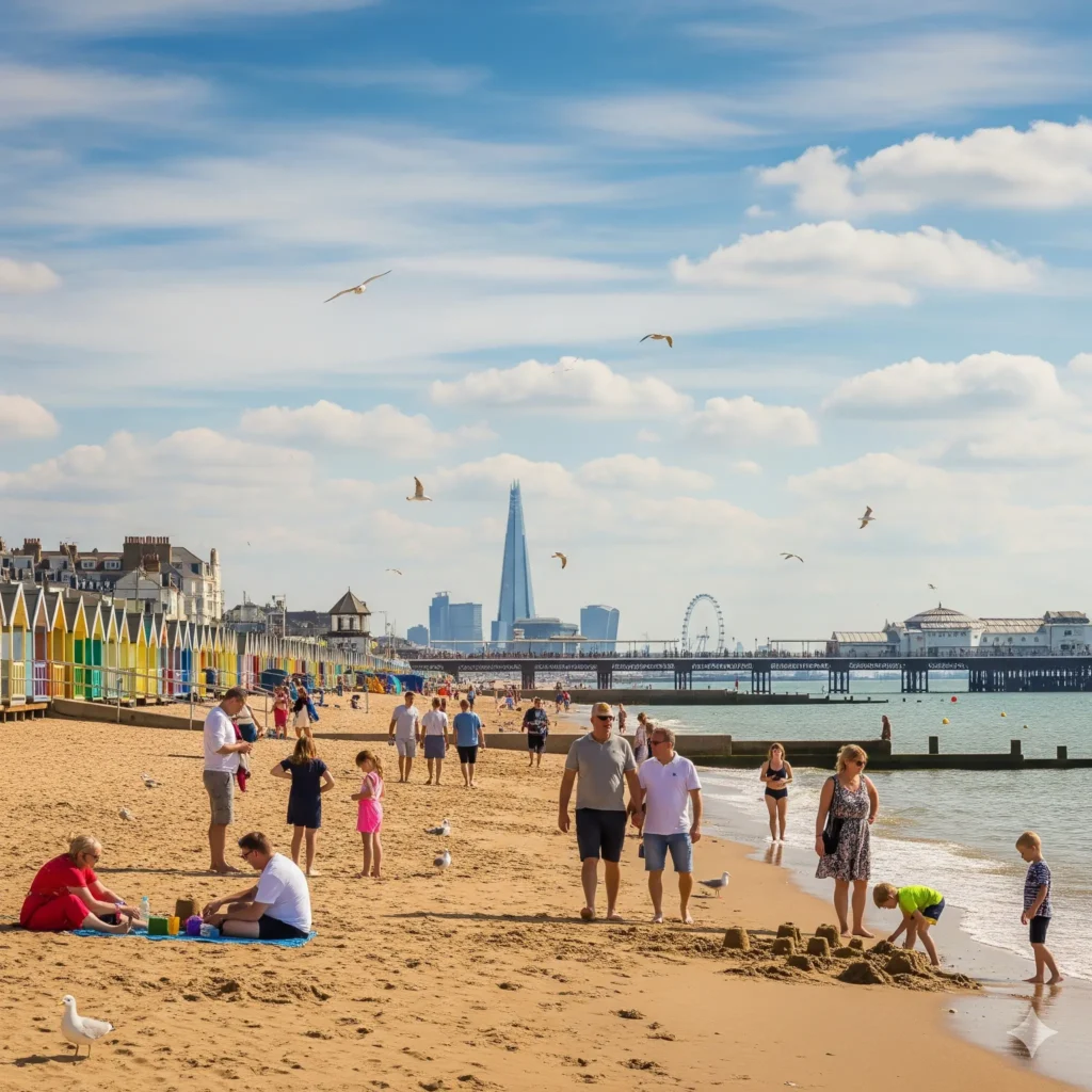 Brighton Beach with pier and people enjoying a sunny day near London