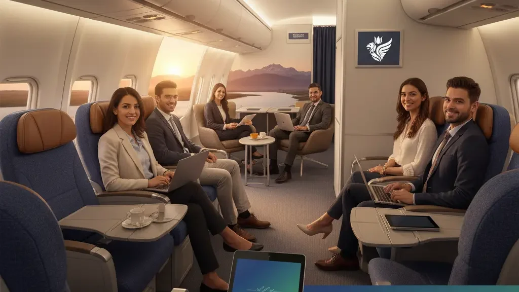 Business class cabin interior on flight from Pakistan to Europe