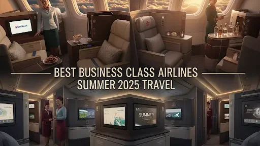 View of a modern business class cabin with spacious lie-flat seats and ambient lighting.