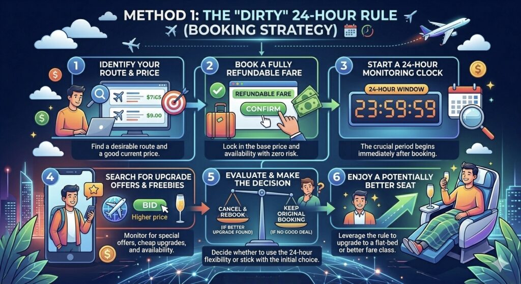 Method 1: The “Dirty” 24-Hour Rule (Booking Strategy)
Business class upgrade 